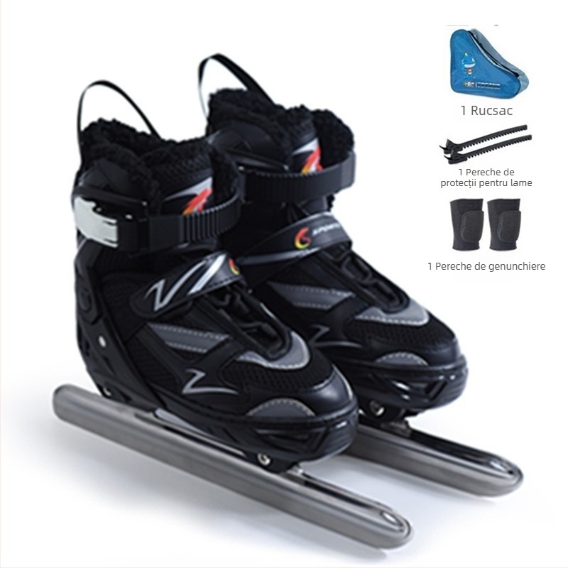Pantofi de patinaj viteza cu suporturi din oțel reglabile – partea superioară din plasă, talpă PVC, lame din oțel carbon