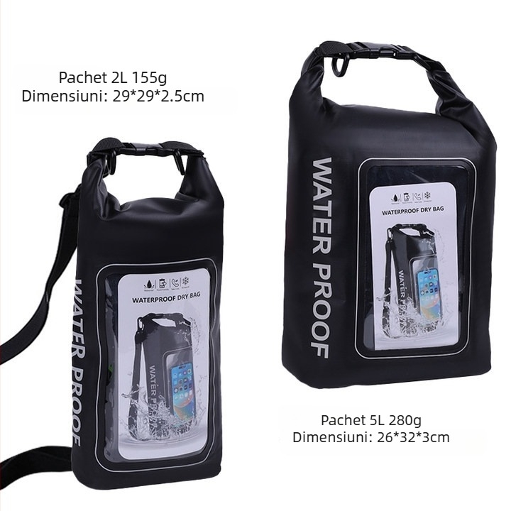 Geantă impermeabilă pentru plajă, două în unu cu curea crossbody, capacitate 2L/5L, material impermeabil PVC, pentru plajă, înot, scufundări