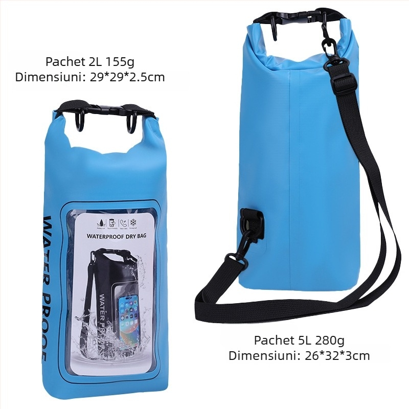 Geantă impermeabilă pentru plajă, două în unu cu curea crossbody, capacitate 2L/5L, material impermeabil PVC, pentru plajă, înot, scufundări