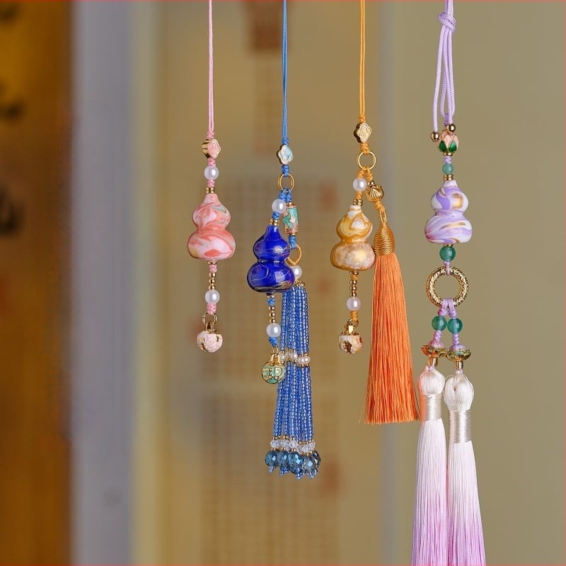 Ornament auto din lemn lacuit, în formă de dovleac, cu ciucuri, stil tradițional chinezesc, decor interior, simbol al păcii și prosperității