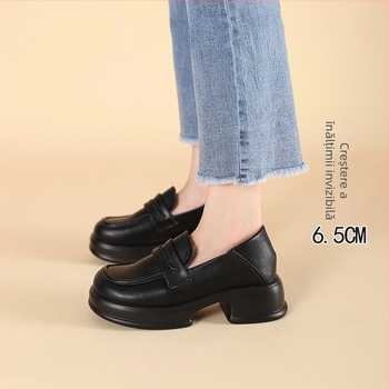 Loaferi platformă, cu vârf rotund, vamp din piele naturală, căptușeală din piele, talpă din cauciuc, toc gros mediu 3-5 cm, design pentru creșterea înălțimii