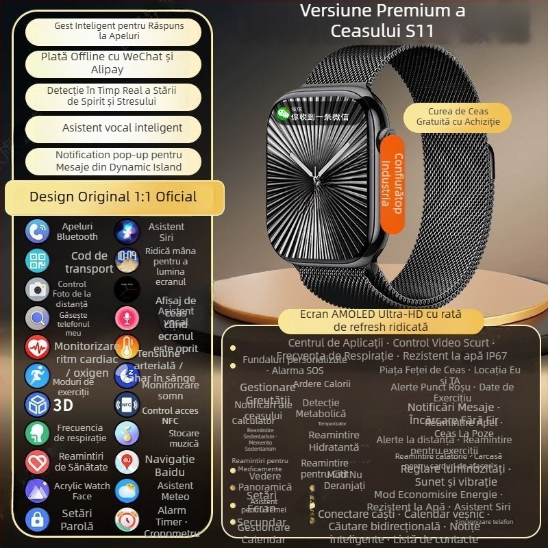 Smartwatch ultra-subțire, ecran 3,99 inch, rezistent la apă, monitorizare ritm cardiac, monitorizare oxigen din sânge, monitorizare somn