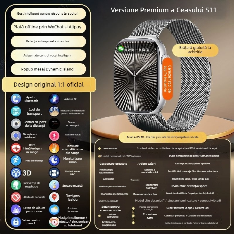 Smartwatch ultra-subțire, ecran 3,99 inch, rezistent la apă, monitorizare ritm cardiac, monitorizare oxigen din sânge, monitorizare somn