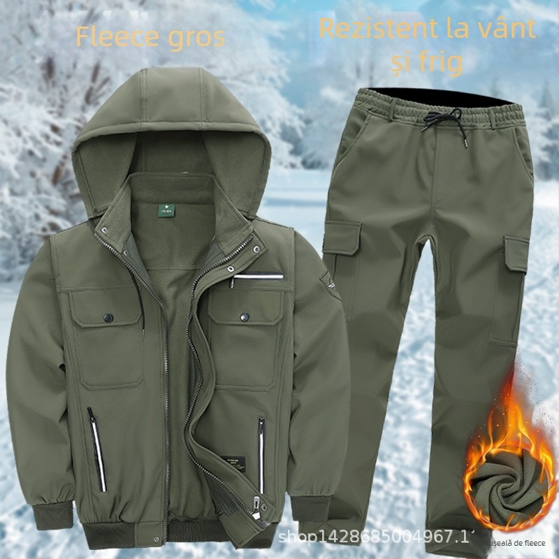 Costum de lucru masculin de iarnă, căptușit cu fleece – camuflaj, impermeabil, rezistent la vânt, durabil, 50% bumbac