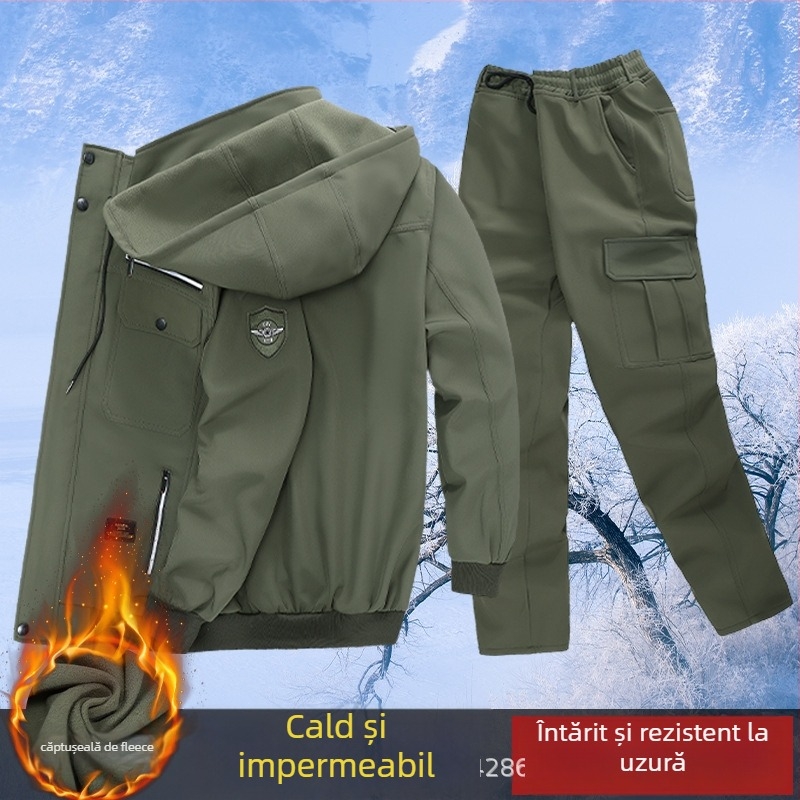 Costum de lucru masculin de iarnă, căptușit cu fleece – camuflaj, impermeabil, rezistent la vânt, durabil, 50% bumbac