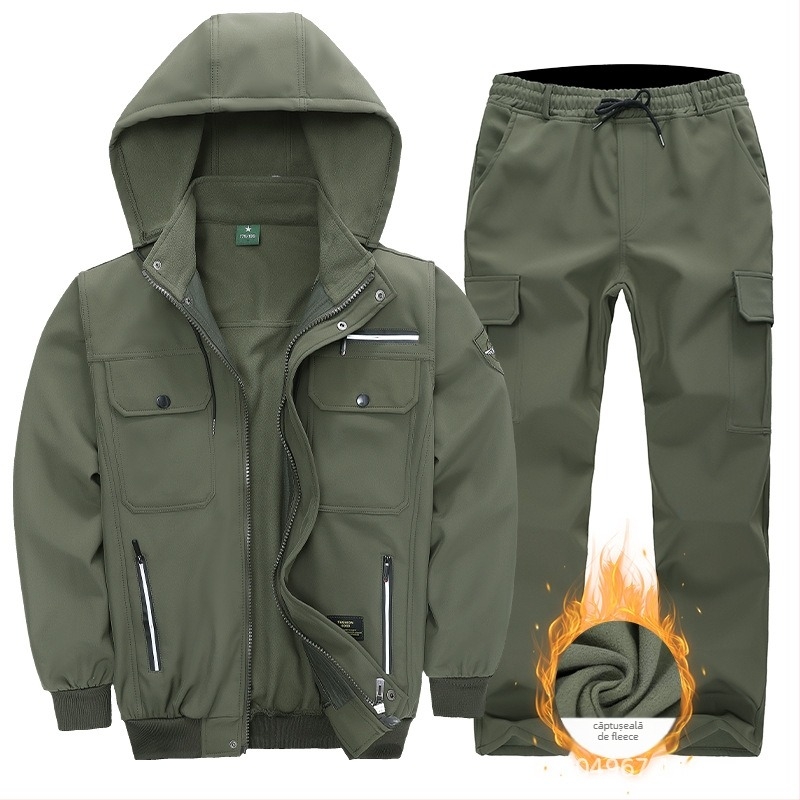 Costum de lucru masculin de iarnă, căptușit cu fleece – camuflaj, impermeabil, rezistent la vânt, durabil, 50% bumbac