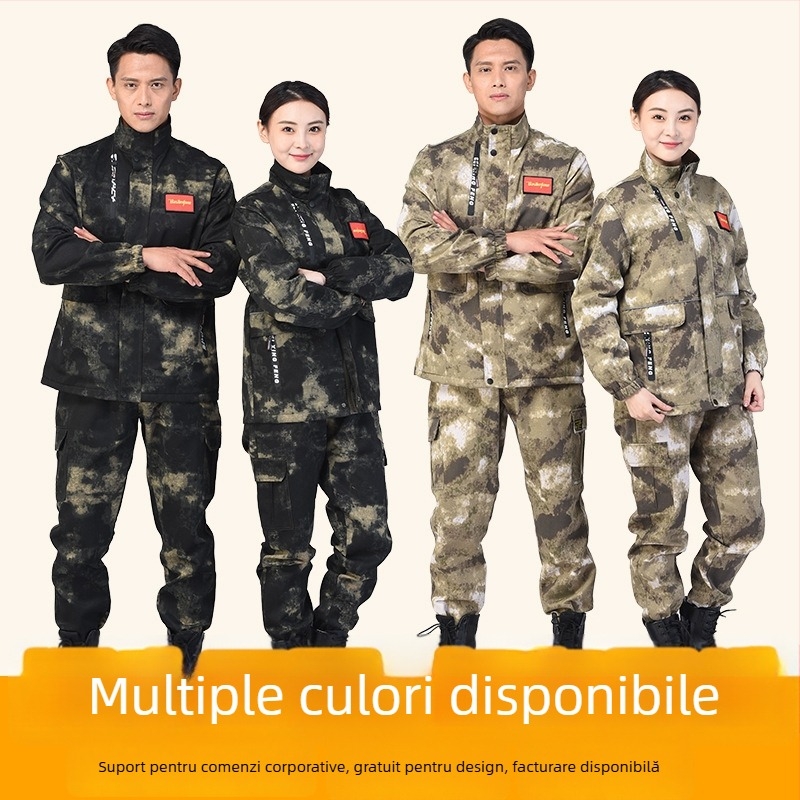 Costum de lucru camuflaj pentru bărbați, cu mâneci lungi, material rezistent la uzură și la pete, cu benzi reflectorizante; țesătură: Full Process Polyester-Cotton; principal: 100% poliester; căptușeală: 99% poliester; pentru muncă primăvară-toamnă.