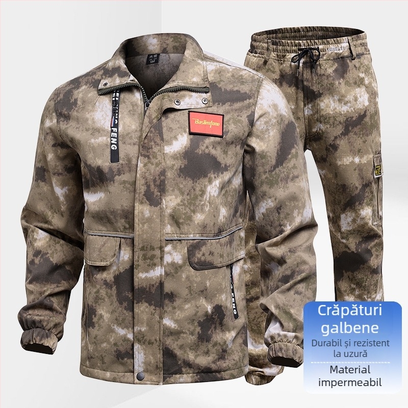 Costum de lucru camuflaj pentru bărbați, cu mâneci lungi, material rezistent la uzură și la pete, cu benzi reflectorizante; țesătură: Full Process Polyester-Cotton; principal: 100% poliester; căptușeală: 99% poliester; pentru muncă primăvară-toamnă.