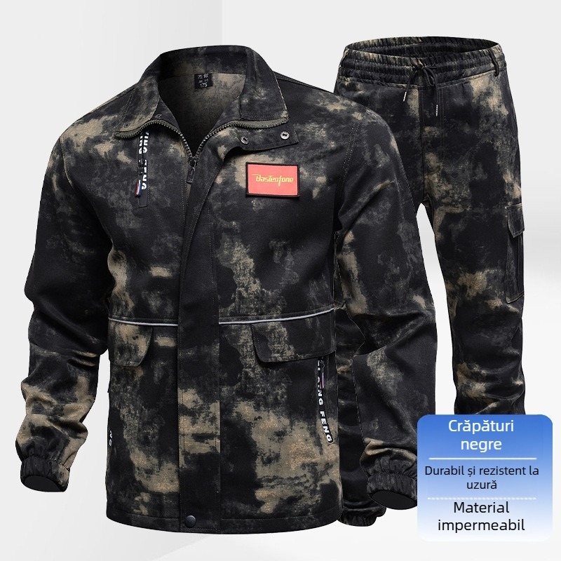 Costum de lucru camuflaj pentru bărbați, cu mâneci lungi, material rezistent la uzură și la pete, cu benzi reflectorizante; țesătură: Full Process Polyester-Cotton; principal: 100% poliester; căptușeală: 99% poliester; pentru muncă primăvară-toamnă.