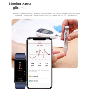 Brățară inteligentă pentru sănătate cu monitorizare de grad medical: glicemie, oxigen în sânge, tensiune arterială dinamică, acid uric și temperatura corpului