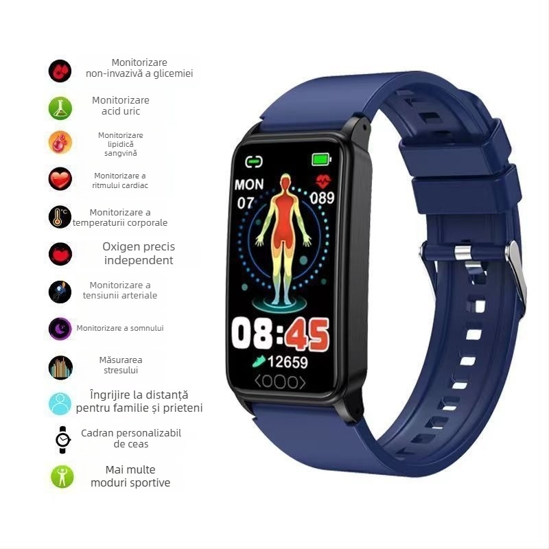 Brățară inteligentă pentru sănătate cu monitorizare de grad medical: glicemie, oxigen în sânge, tensiune arterială dinamică, acid uric și temperatura corpului