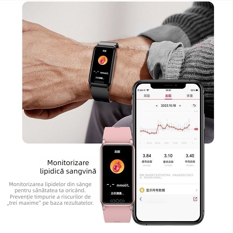 Brățară inteligentă pentru sănătate cu monitorizare de grad medical: glicemie, oxigen în sânge, tensiune arterială dinamică, acid uric și temperatura corpului