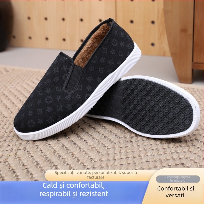 Pantofi de iarnă pentru bărbați din bumbac, căptușiți cu fleece, vârf rotund, partea superioară din bumbac, înălțime medie, talpă din cauciuc