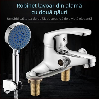 Robinet pentru chiuvetă cu două găuri, cu duș și amestec triplu, apă caldă și rece