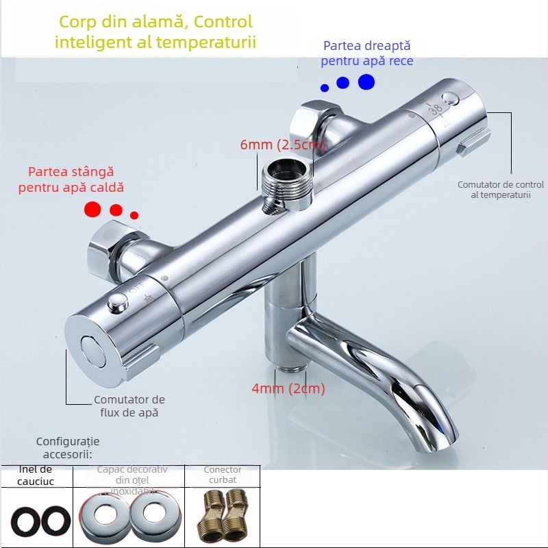 Robinet de duș ascuns cu termostat, mixer cu trei funcții, oțel inoxidabil 304, montat în perete, interval de temperatură 15–95°C, presiune 0,05–0,6 MPa