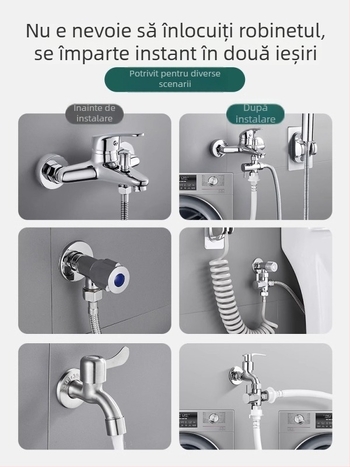 Adaptor distribuție robinet mașină de spălat, cu două ieșiri și intrare unică, robinet unghiular