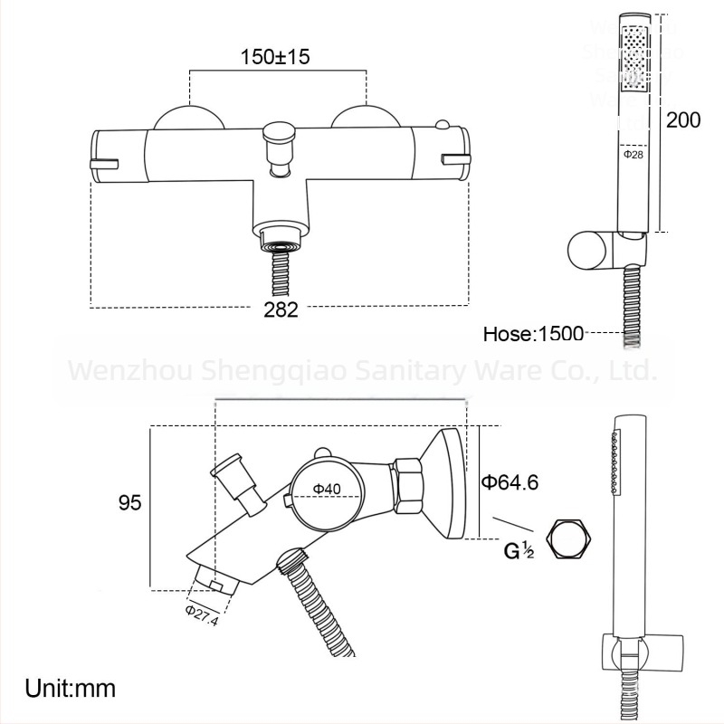 Set de duș cu corp din cupru, montaj pe perete, control temperatură constantă 2–80°C, 0,5 MPa