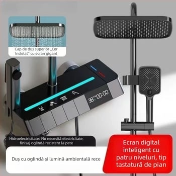Set de duș din alamă cu temperatură constantă, finisaj grafit-gri, iluminare ambientală LED, control al temperaturii, apă caldă și rece, montaj ascuns.