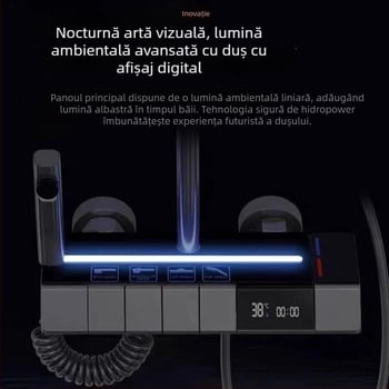 Set de duș din alamă cu temperatură constantă, finisaj grafit-gri, iluminare ambientală LED, control al temperaturii, apă caldă și rece, montaj ascuns.