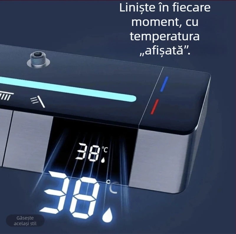 Set de duș din alamă cu temperatură constantă, finisaj grafit-gri, iluminare ambientală LED, control al temperaturii, apă caldă și rece, montaj ascuns.