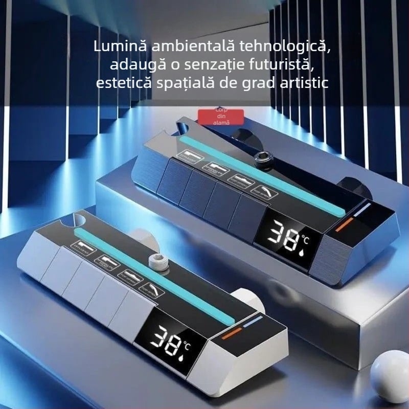 Set de duș din alamă cu temperatură constantă, finisaj grafit-gri, iluminare ambientală LED, control al temperaturii, apă caldă și rece, montaj ascuns.