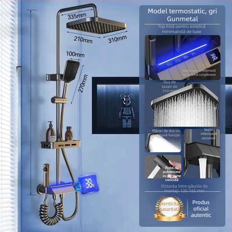 Set de duș din alamă cu temperatură constantă, finisaj grafit-gri, iluminare ambientală LED, control al temperaturii, apă caldă și rece, montaj ascuns.