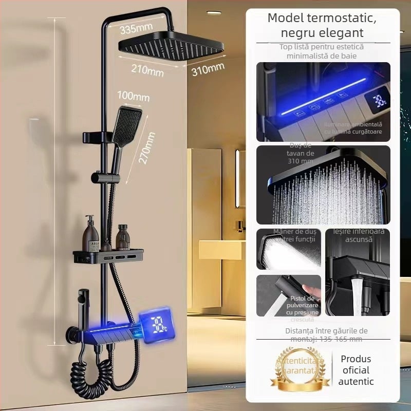 Set de duș din alamă cu temperatură constantă, finisaj grafit-gri, iluminare ambientală LED, control al temperaturii, apă caldă și rece, montaj ascuns.