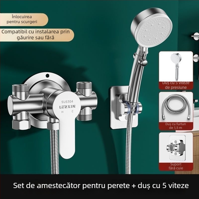 Set duș din oțel inoxidabil 304, montaj expus, robinet electric de apă, miez de disc ceramic, finisaj cromat, certificat CE