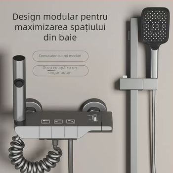 Set de duș cu afișaj digital și temperatură constantă, cap de duș pătrat, aliaj de zinc, finisaj negru