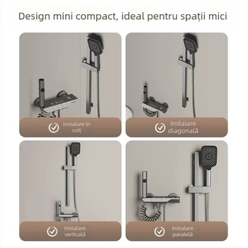 Set de duș cu afișaj digital și temperatură constantă, cap de duș pătrat, aliaj de zinc, finisaj negru