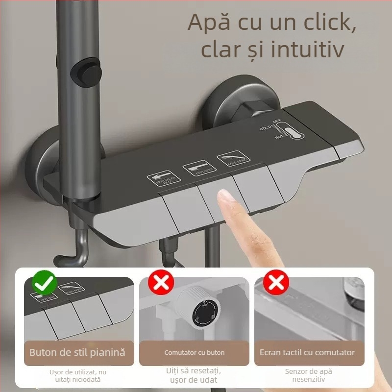 Set de duș cu afișaj digital și temperatură constantă, cap de duș pătrat, aliaj de zinc, finisaj negru