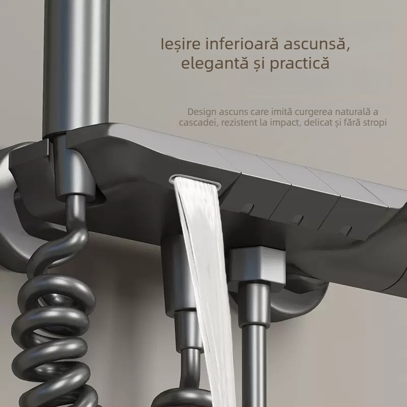 Set de duș cu afișaj digital și temperatură constantă, cap de duș pătrat, aliaj de zinc, finisaj negru