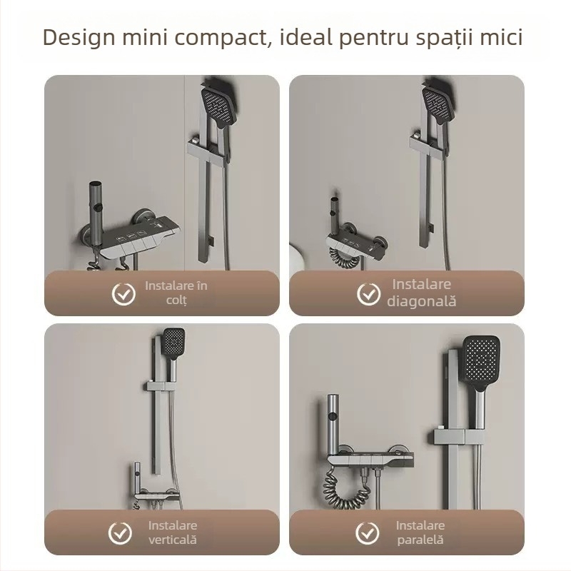 Set de duș cu afișaj digital și temperatură constantă, cap de duș pătrat, aliaj de zinc, finisaj negru