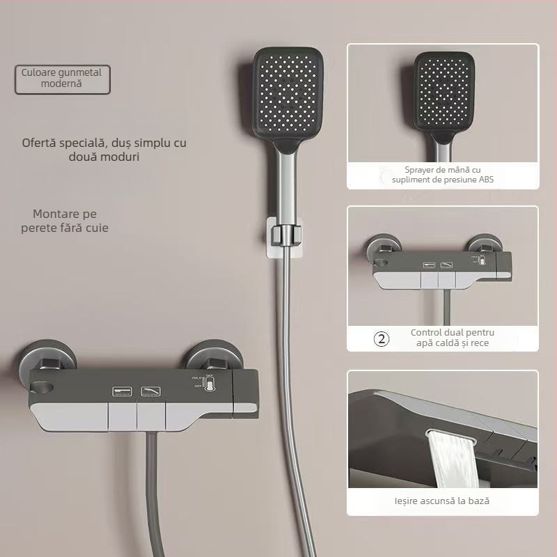 Set de duș cu afișaj digital și temperatură constantă, cap de duș pătrat, aliaj de zinc, finisaj negru