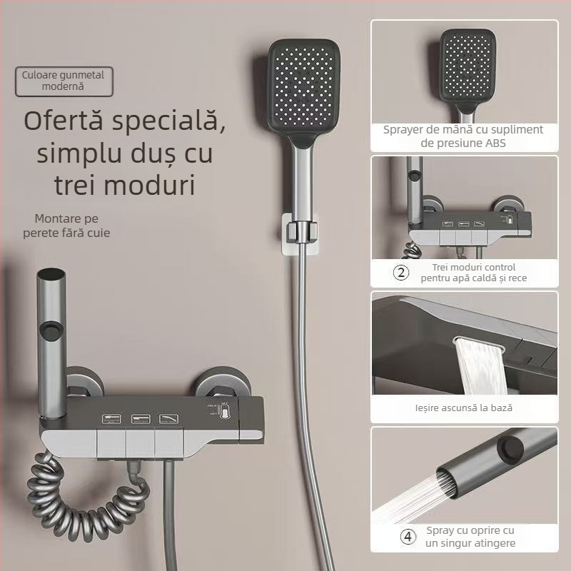 Set de duș cu afișaj digital și temperatură constantă, cap de duș pătrat, aliaj de zinc, finisaj negru