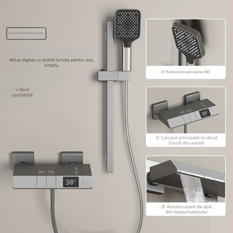 Set de duș cu afișaj digital și temperatură constantă, cap de duș pătrat, aliaj de zinc, finisaj negru