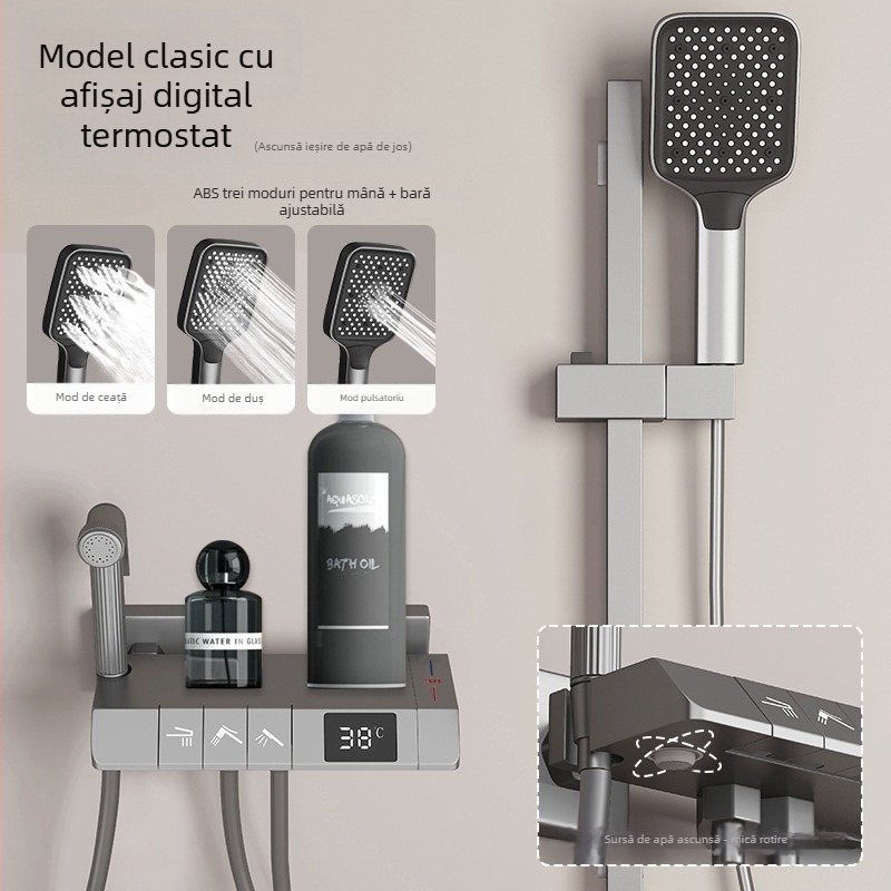 Set de duș cu afișaj digital și temperatură constantă, cap de duș pătrat, aliaj de zinc, finisaj negru