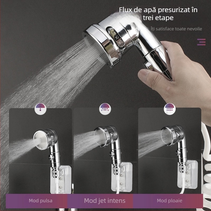 Cap de duș portabil din ABS cu filtru, 3 funcții de pulverizare (Stropire, Masaj, Ploaie), montaj fără găuri prin spirală, 0–90°C