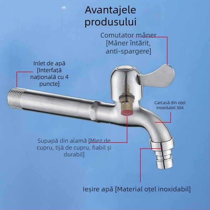 Robinet pentru chiuvetă din oțel inoxidabil 304, model 8317, montaj în perete, miez ceramic al ventilului, presiune nominală 1,2 MPa