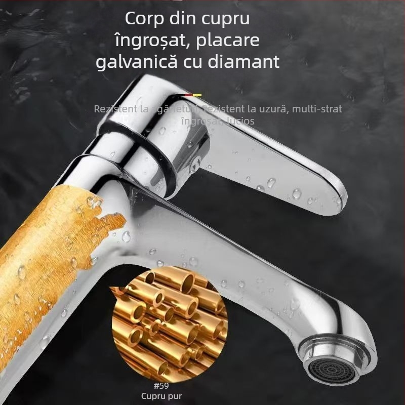 Robinet chiuvetă baie, baterie monocomandă cu apă caldă și rece, din cupru
