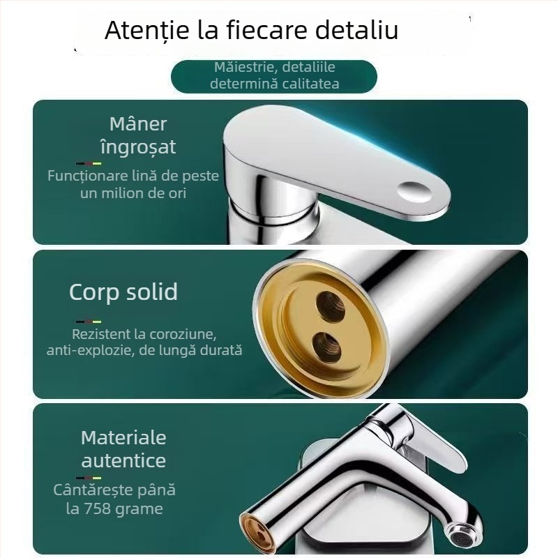 Robinet chiuvetă baie, baterie monocomandă cu apă caldă și rece, din cupru