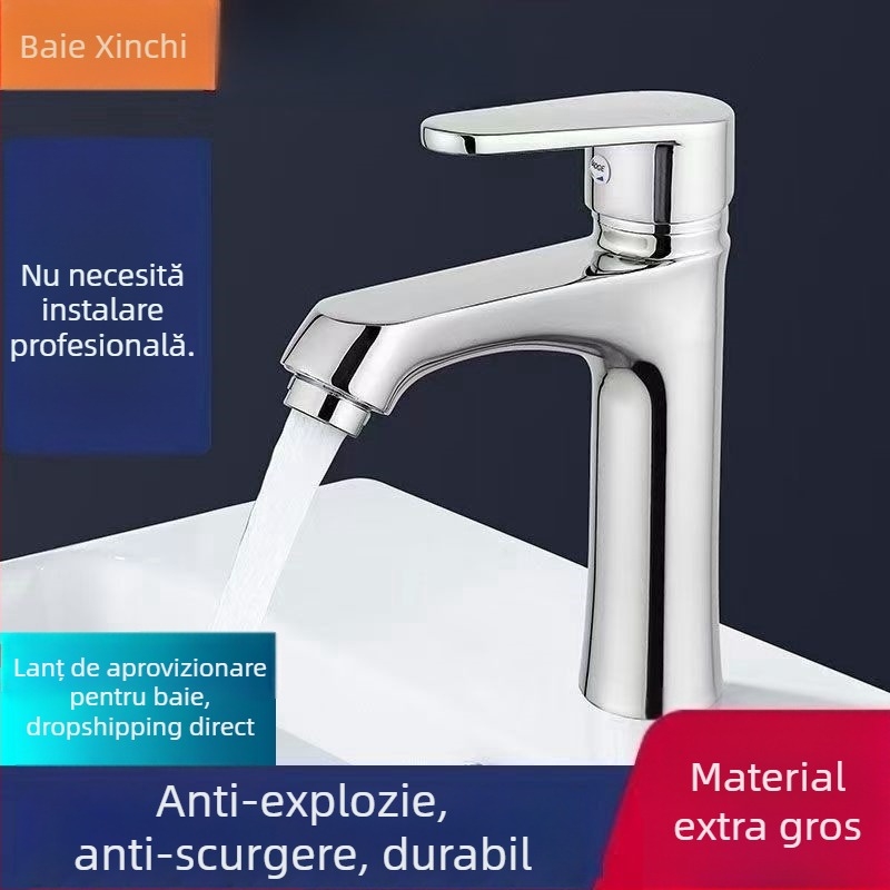 Robinet chiuvetă baie, baterie monocomandă cu apă caldă și rece, din cupru