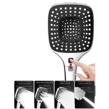 Set de duș presurizat cu cap pătrat ABS, montaj pe perete, funcții spray masaj ploaie, stil modern minimalist, temperatură 5–80°C, presiune 1.0–6 kg