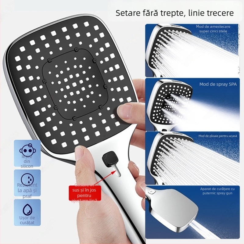 Set de duș presurizat cu cap pătrat ABS, montaj pe perete, funcții spray masaj ploaie, stil modern minimalist, temperatură 5–80°C, presiune 1.0–6 kg