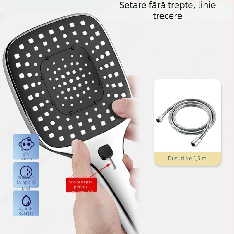 Set de duș presurizat cu cap pătrat ABS, montaj pe perete, funcții spray masaj ploaie, stil modern minimalist, temperatură 5–80°C, presiune 1.0–6 kg