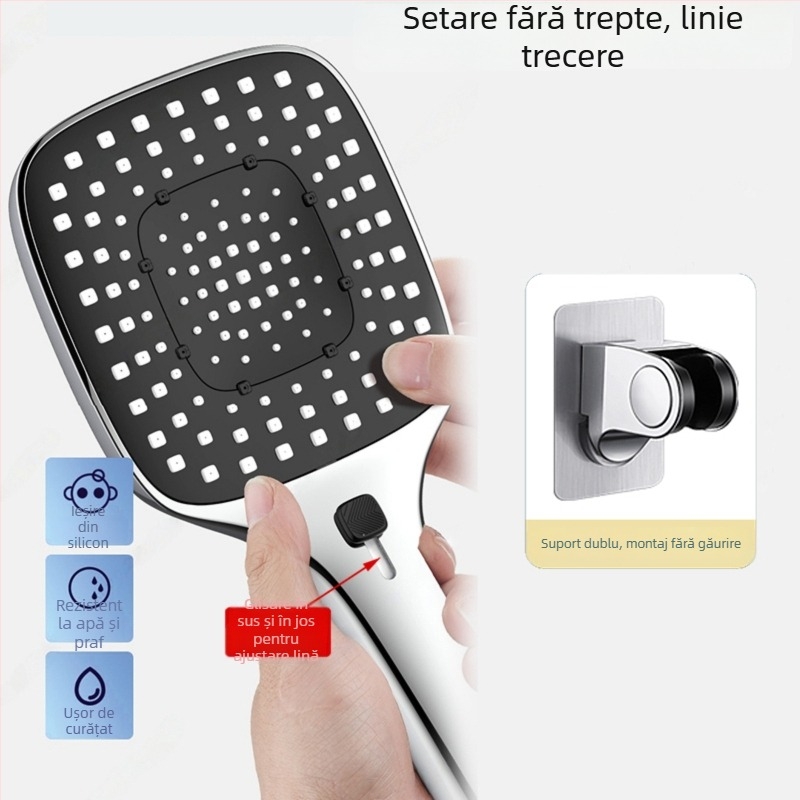 Set de duș presurizat cu cap pătrat ABS, montaj pe perete, funcții spray masaj ploaie, stil modern minimalist, temperatură 5–80°C, presiune 1.0–6 kg