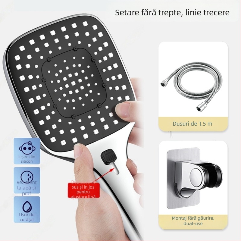Set de duș presurizat cu cap pătrat ABS, montaj pe perete, funcții spray masaj ploaie, stil modern minimalist, temperatură 5–80°C, presiune 1.0–6 kg