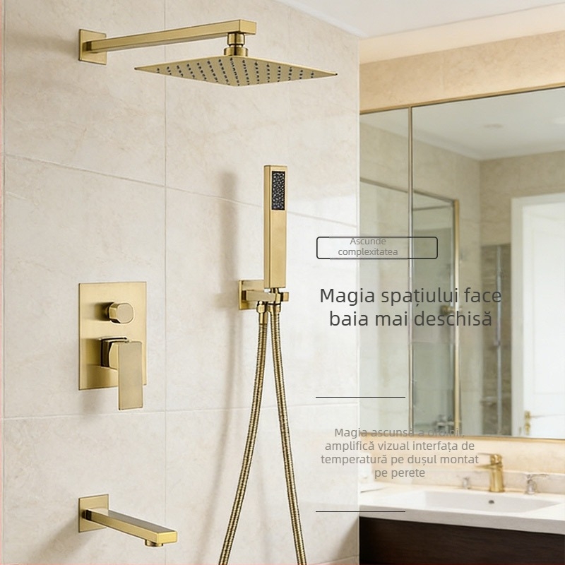 Set de duș încastrat în perete, cu cap de duș pătrat tip ploaie, din cupru, rotativ, control dual cald/rece