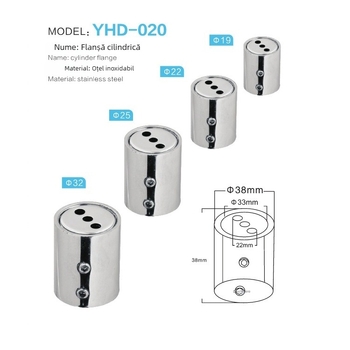 Conector flanșă din oțel inoxidabil pentru bară de haine, model YHD-020, tip transversal, conectare cu șuruburi, rezistent la coroziune și la presiune