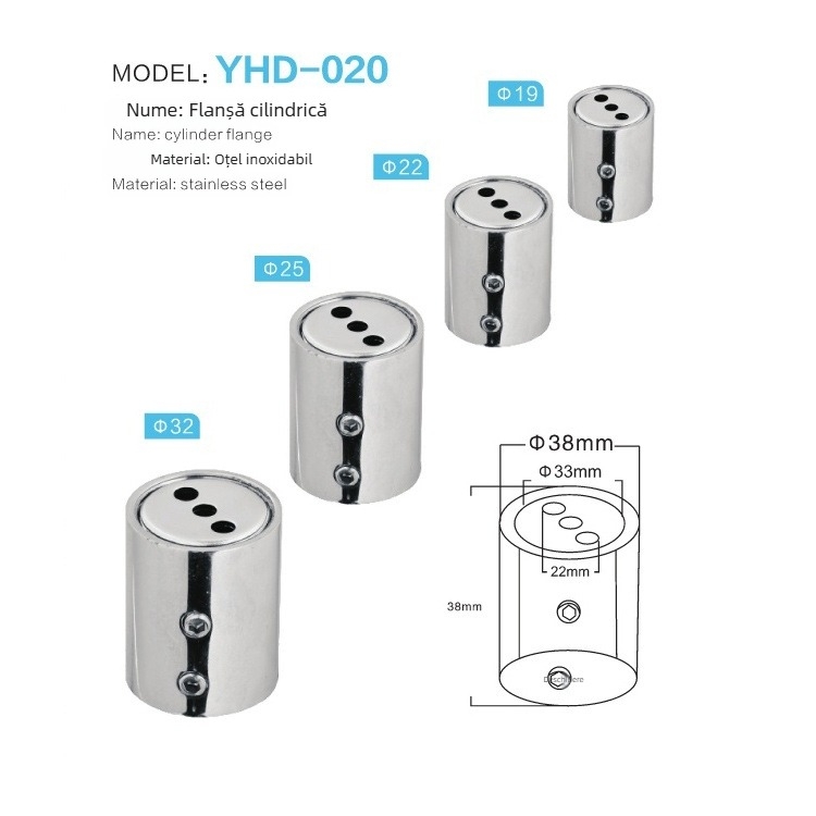 Conector flanșă din oțel inoxidabil pentru bară de haine, model YHD-020, tip transversal, conectare cu șuruburi, rezistent la coroziune și la presiune